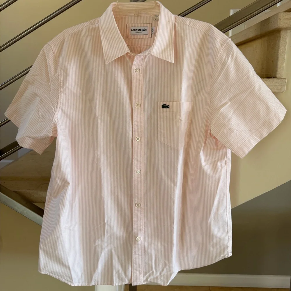 Lacoste Light Pink Pinstripe Short-Sleeve Button-Down Shirt - Picture 1 of 16